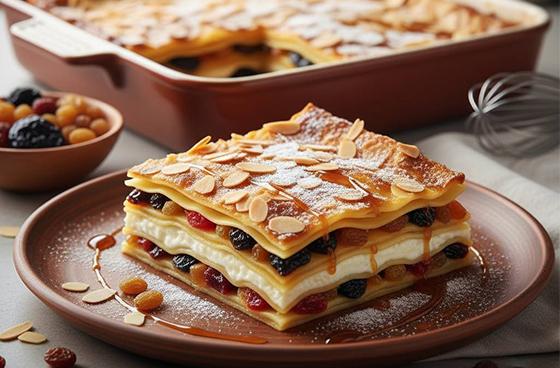 Сладкая лазанья с сухофруктами и сыром