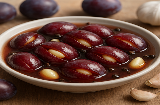 Pickled plums with garlic
